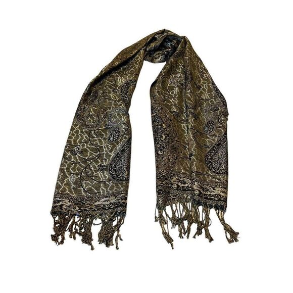 Gold Black Paisley Ka-Cashmere Women’s Brown Design Scarf Wrap Fringe 26.5”x76” - Picture 1 of 7